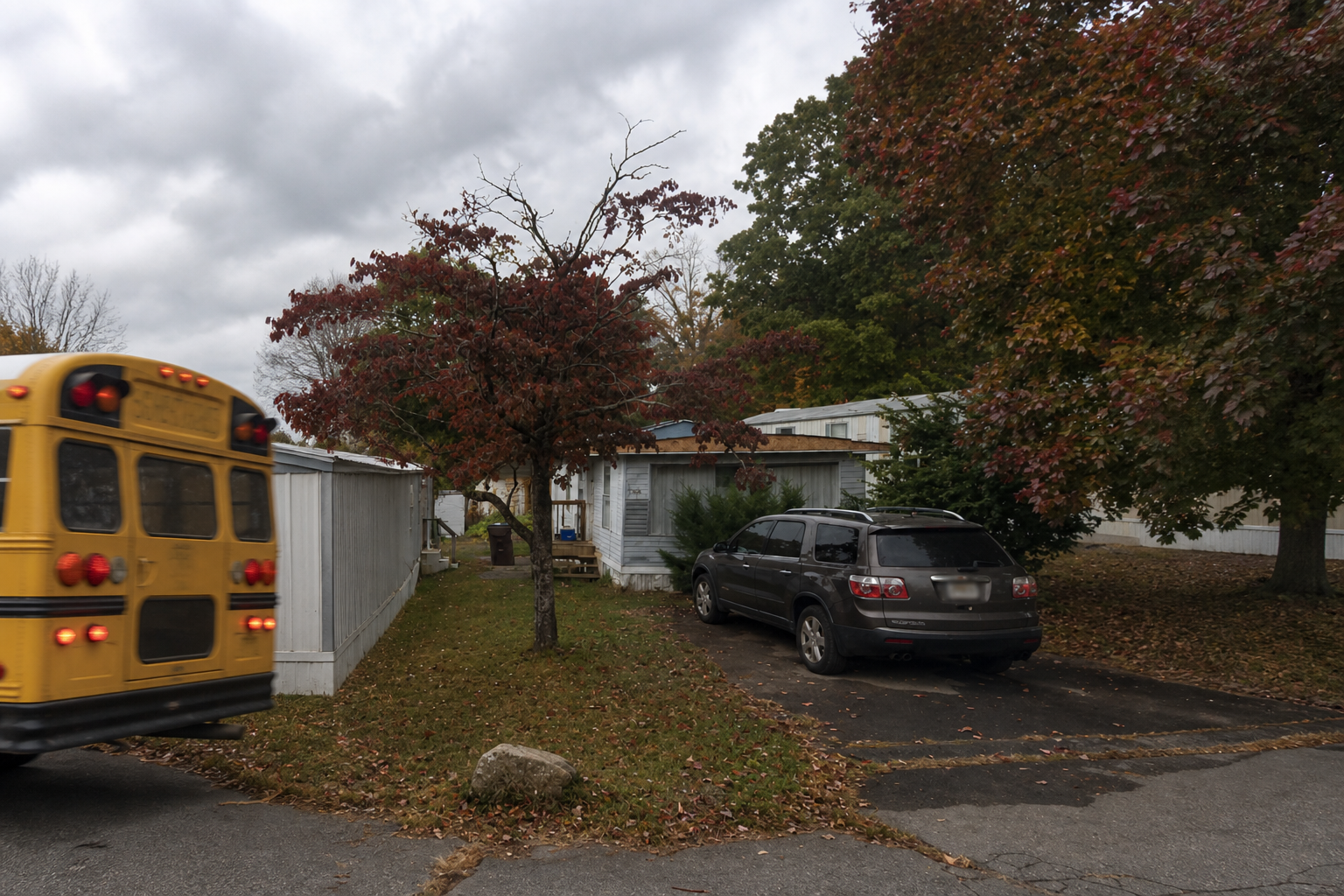 A yellow school bus leaving a trailer-park street